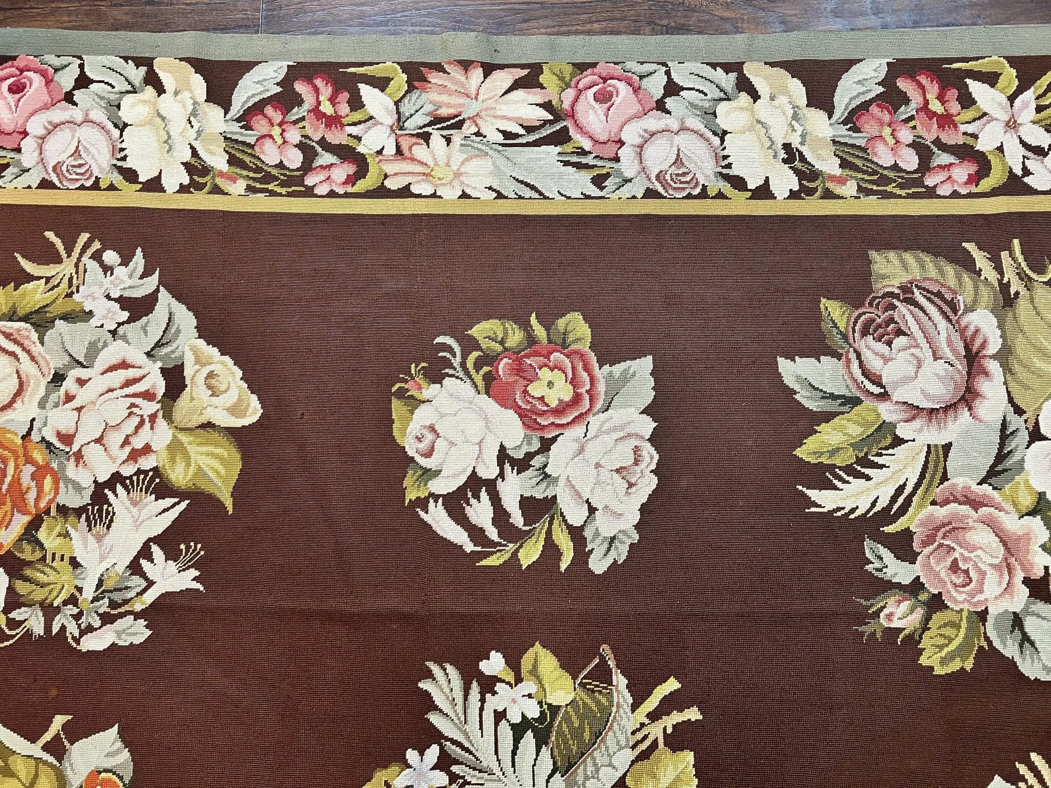 Vintage Needlepoint Rug 9x12, Large Handmade Hand-woven Needlepoint Carpet, Brown Area Rug, Floral Bouquets, Wool Rug, European Design by Jewel Rugs
