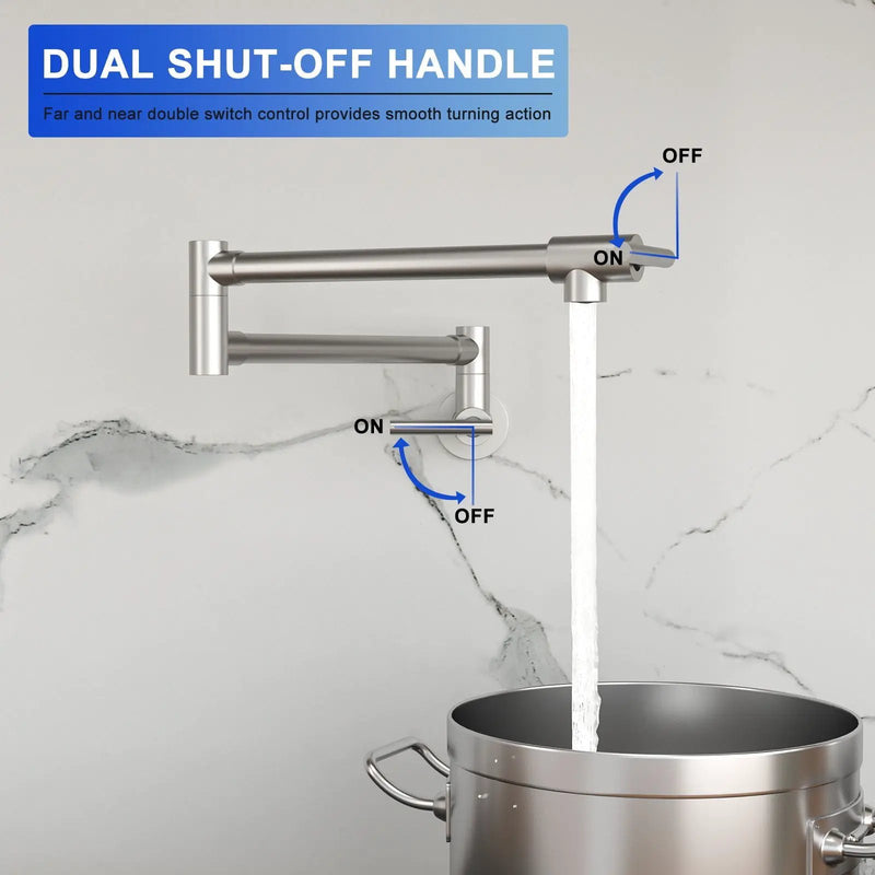 Wall Mount Pot Filler Faucet Folding Stretchable Kitchen Sink Faucet With 2 Handles - Brushed Nickel by HouseOfZazla