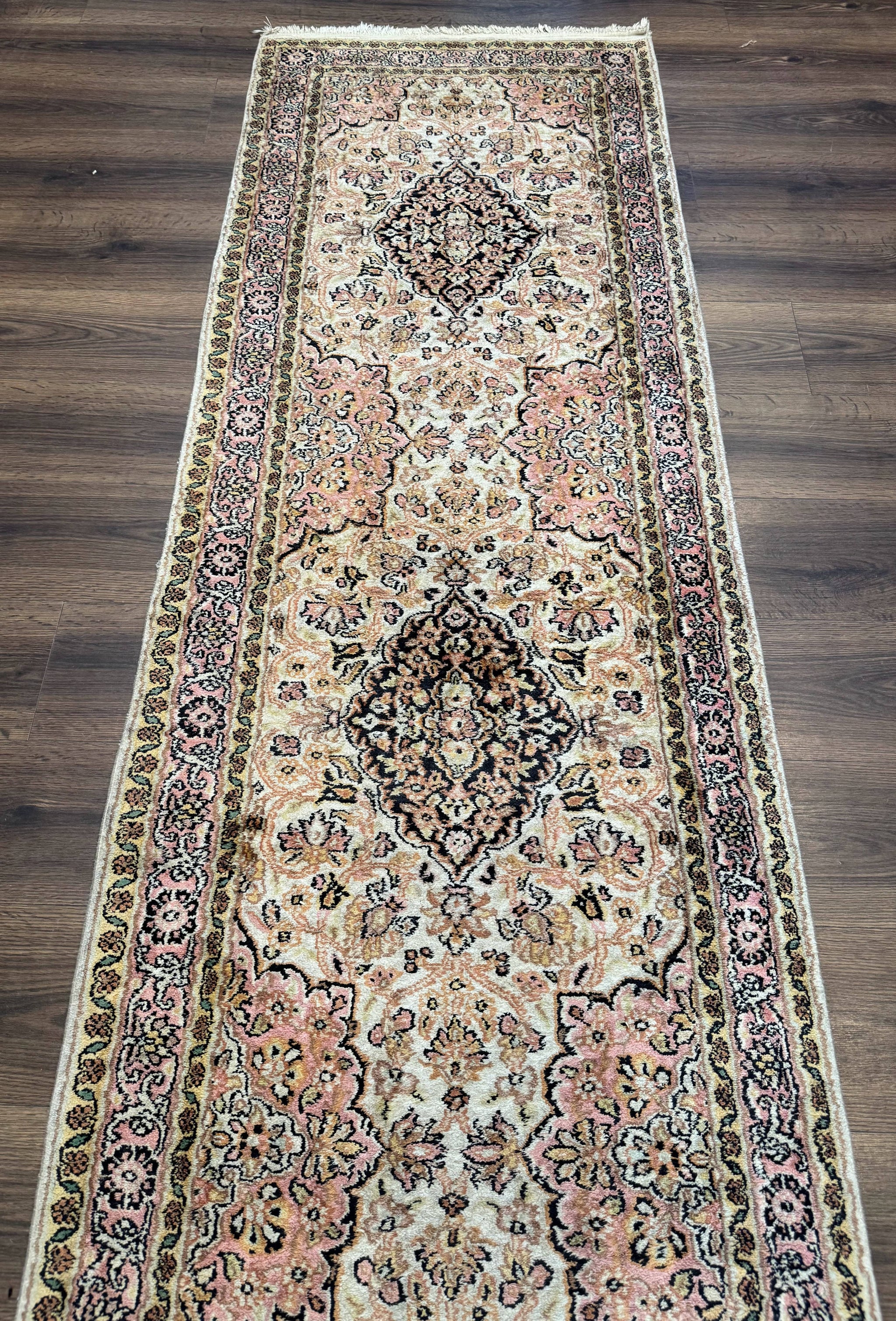 Silk Indian Kashmiri Runner Rug 2.7 x 9.8, Floral Medallions by Jewel Rugs
