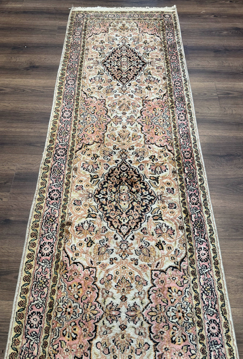 Silk Indian Kashmiri Runner Rug 2.7 x 9.8, Floral Medallions by Jewel Rugs