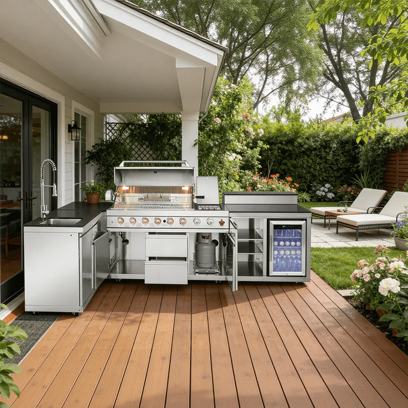 95.8" 6+1 Burner 95,500 BTU Outdoor Kitchen Island Grill Silver + Sink + Refrigerator + Bar Table by Chery Industrial