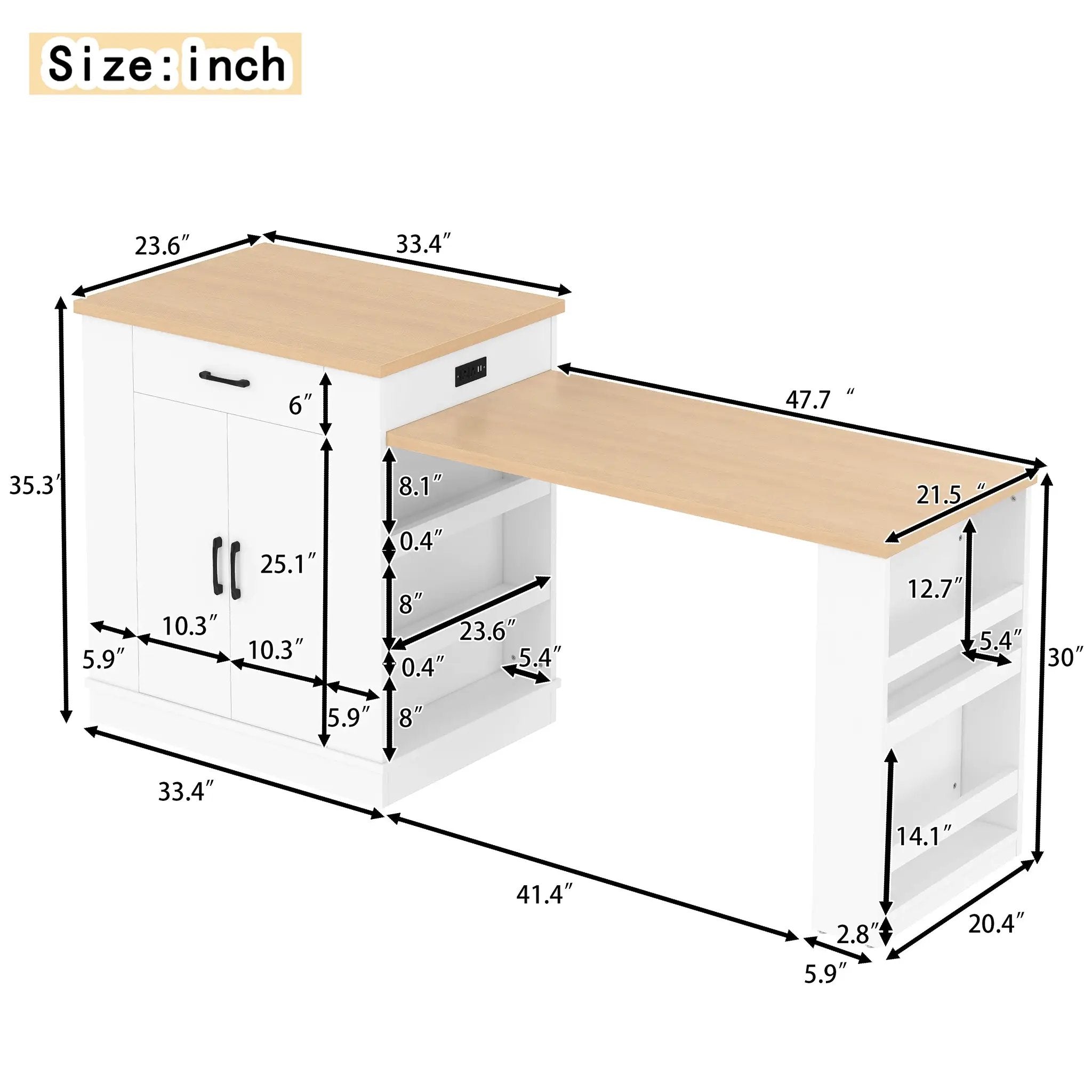 Extendable Island Console with Drawers, Double-Door Cabinet, and Open Shelving by HouseOfZazla