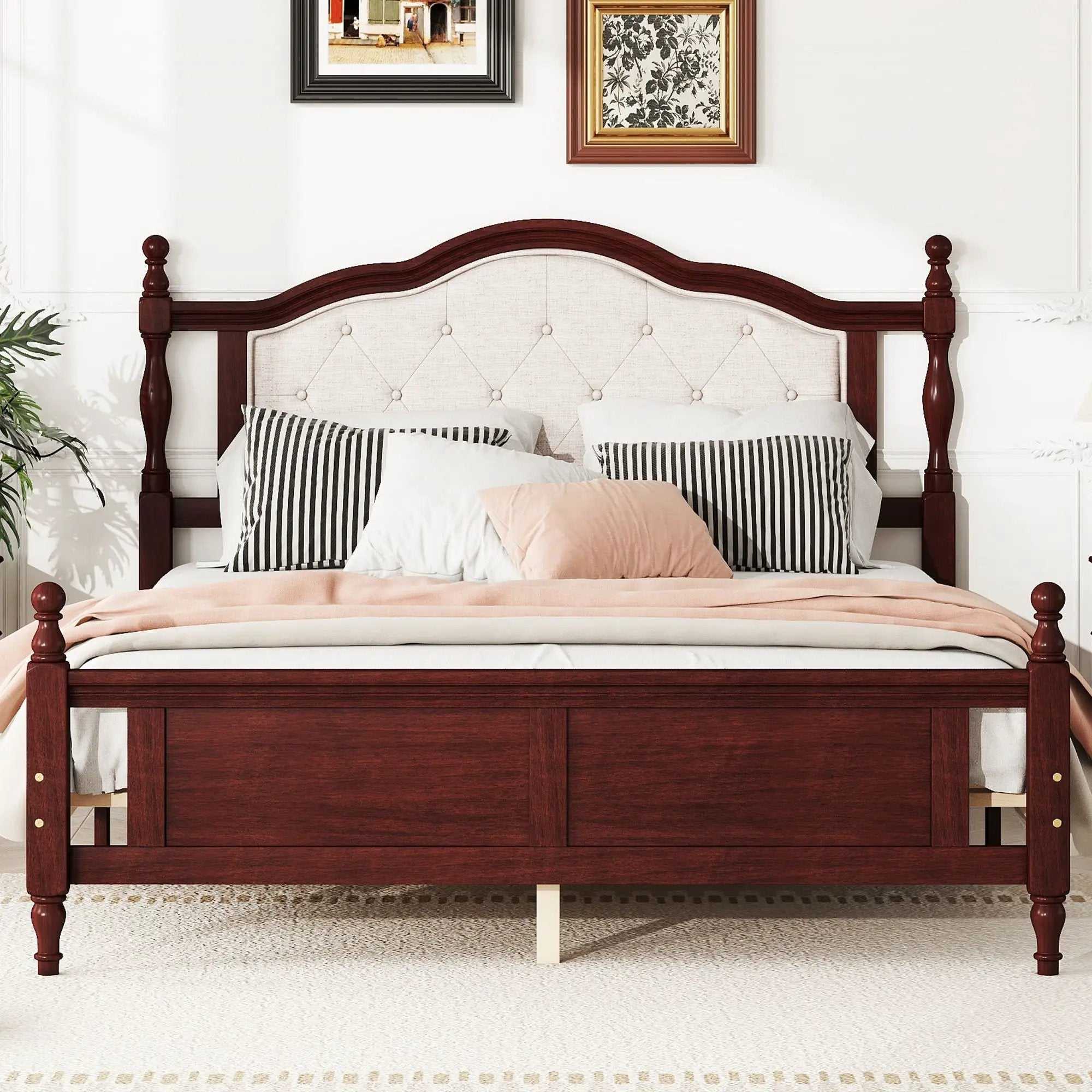 Pine Wooden Bed With Upholstered Headboard And Panel Footboard, With Two Bed Rail Support Feet And Central Platform Support Feet by Unique Piece Furniture