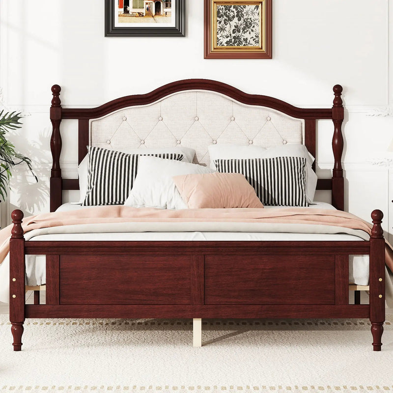Pine Wooden Bed With Upholstered Headboard And Panel Footboard, With Two Bed Rail Support Feet And Central Platform Support Feet by Unique Piece Furniture