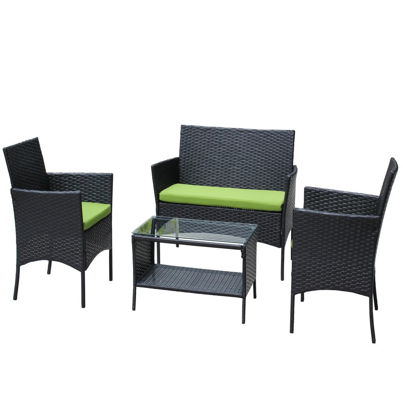 4 PC Rattan Patio Furniture Set Outdoor Cushioned Wicker Sofa Green Cushion by HouseOfZazla