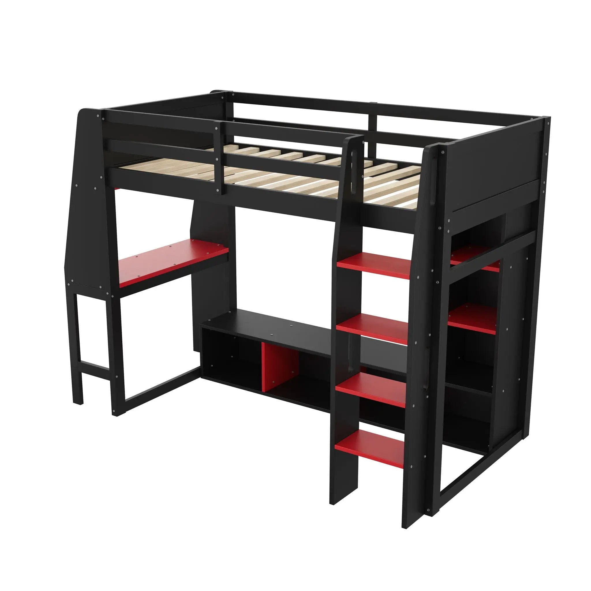 Gaming Loft Bed With Desk, Multi Storage Shelves, LED Lighting, And Hanging Clothes Rack by HouseOfZazla