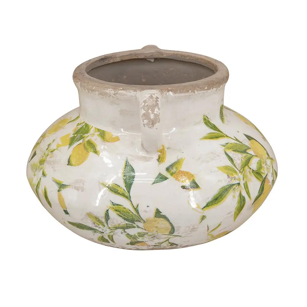 8.1x8.1x5.2" Ceramic Planter with Yellow Lemon and Green Leaf Motif by HouseOfZazla
