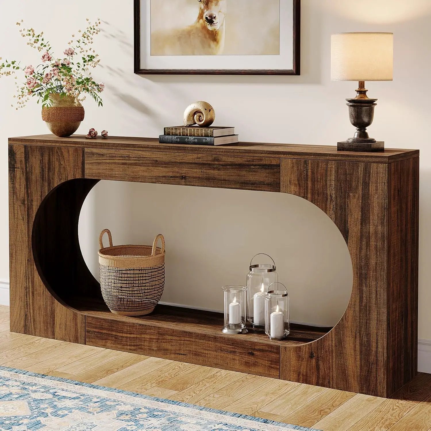 Narrow 2 Tier Console Table With Scalloped Edge For Living Hallway - Brown by HouseOfZazla