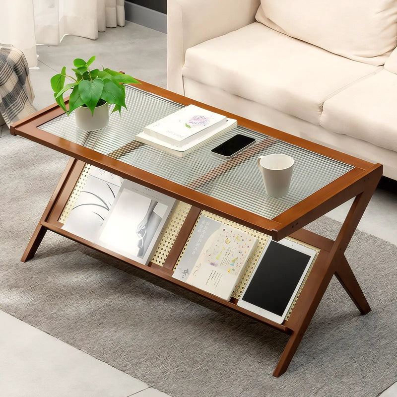 Rattan Coffee Tables For Living Room, Mid Century Modern Coffee Table With Glass Top, Large Boho Center Table With Storage - Brown by HouseOfZazla