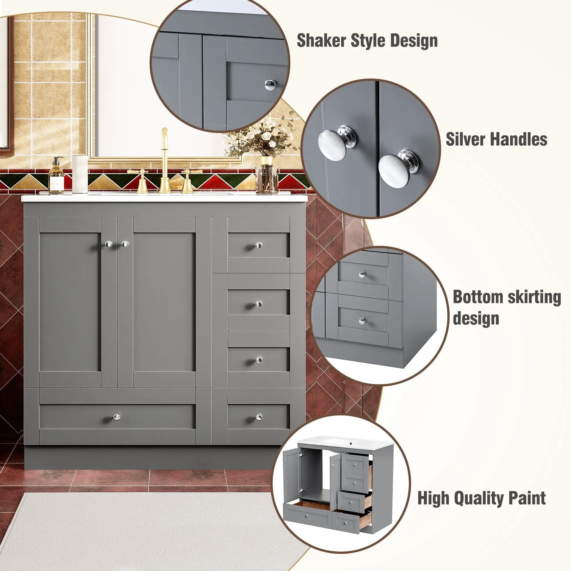 Shaker Free Standing Bathroom Vanity Cabinet & Sink, Soft Close Drawers, Soft Close Doors