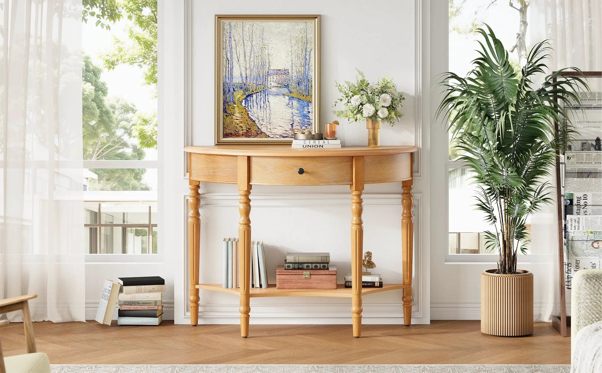 TREXM Farmhouse Half Moon Console Table with Drawer & Shelf by HouseOfZazla