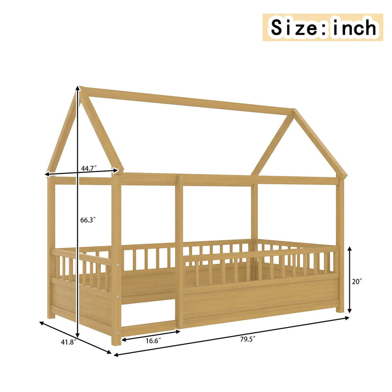 Twin Size Floor Wooden Bed with House Roof Frame by HouseOfZazla