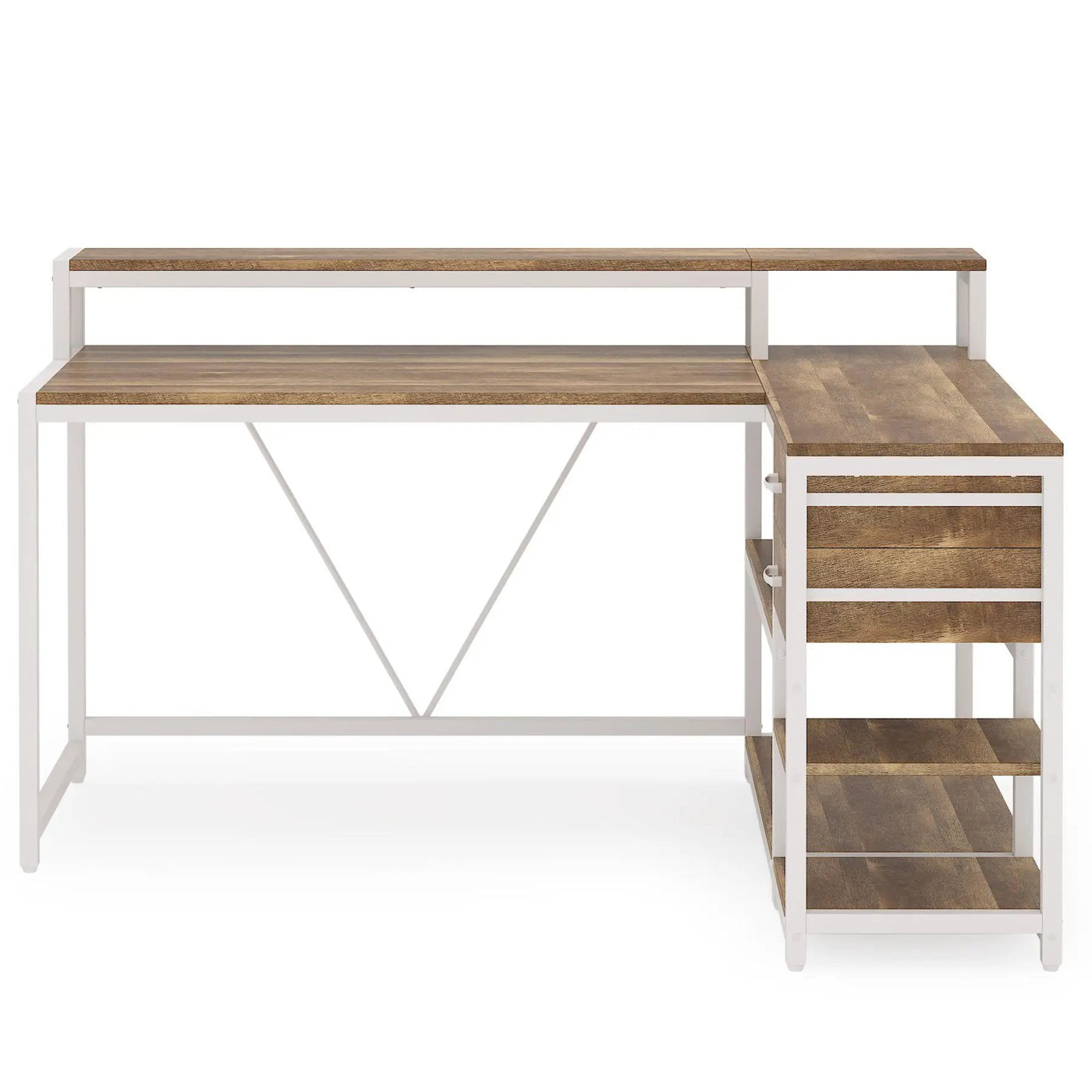 L-Shaped Home Office Desk With Monitor Riser, Drawers, And Storage Shelves by HouseOfZazla