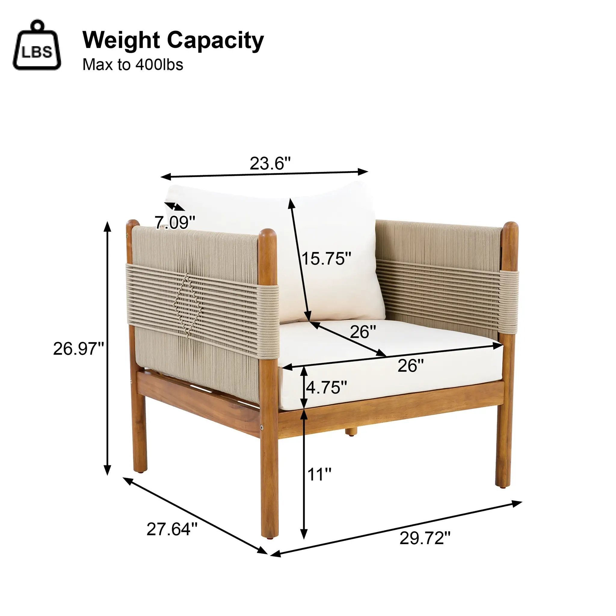 Outdoor Acacia Wood Club Chair with Diamond Rope Weave & Cushions, Teak Finish by HouseOfZazla