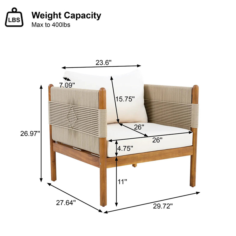 Outdoor Acacia Wood Club Chair with Diamond Rope Weave & Cushions, Teak Finish by HouseOfZazla