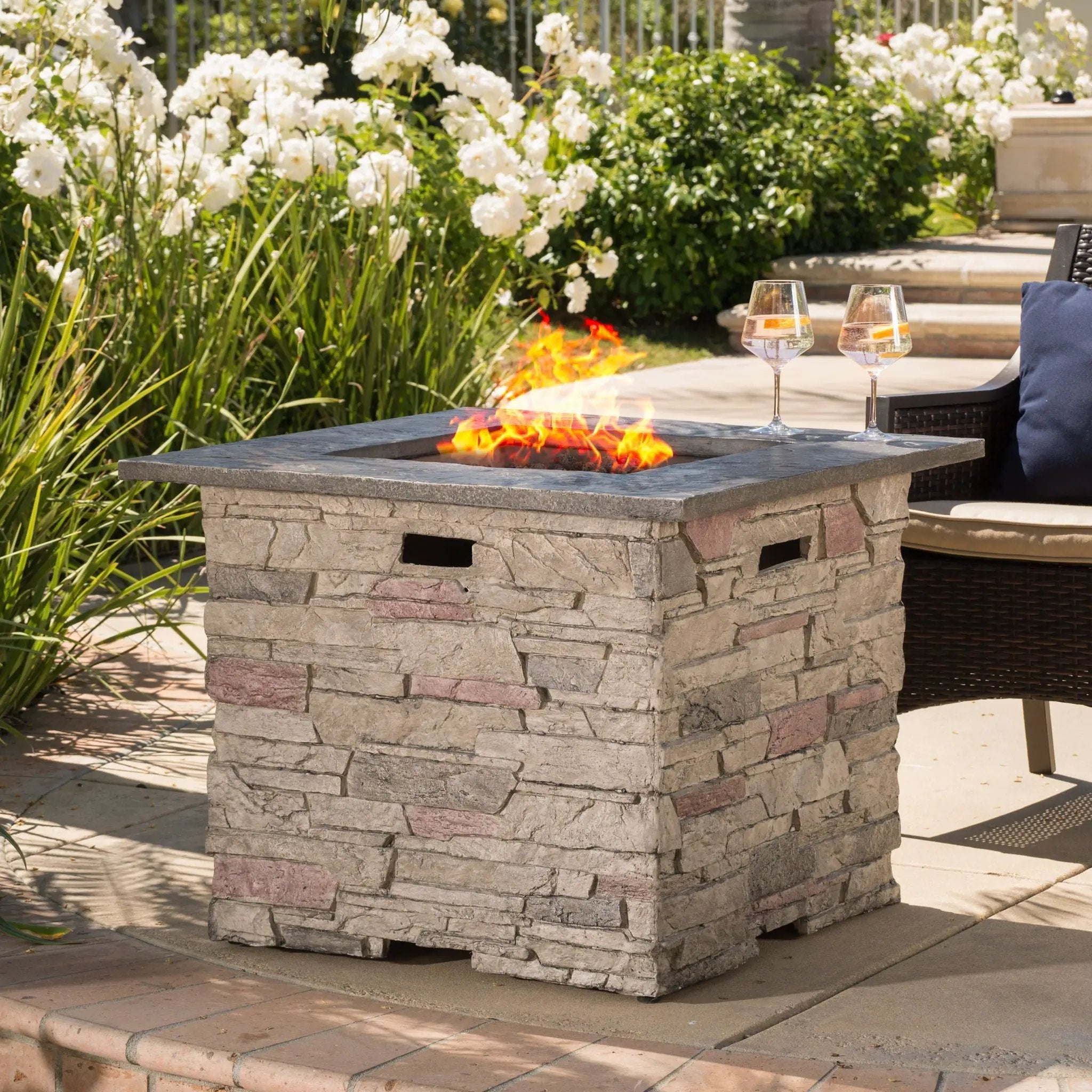 Classic Design Square Fire Pit With Top And 40,000 Btu Heat Output - Stone Gray by HouseOfZazla