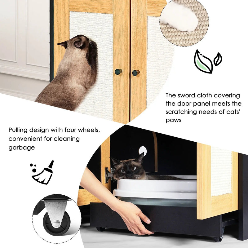Double Litter Box Enclosure, Cat Litter Box Enclosure For 2 Cats, Hidden Litter Box Furniture With Rattan Doors - Black by HouseOfZazla