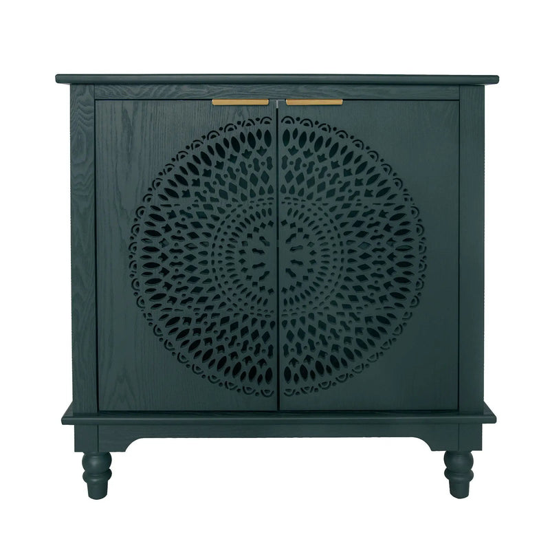 Hollow Carved 2 Door Accent Cabinet With Adjustable Shelf, Sideboard Buffet For Entryway, Living Room Or Bedroom - Blackish Green by HouseOfZazla