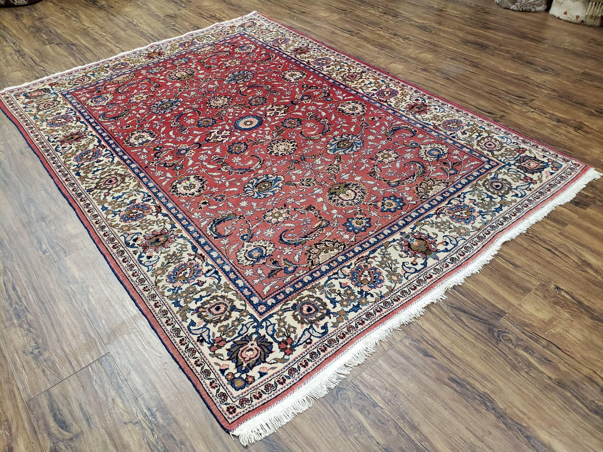 Semi Antique Persian Kashan, Red & Cream, Hand-Knotted, Wool, 4' 8" x 6' 6", Pair A by Jewel Rugs