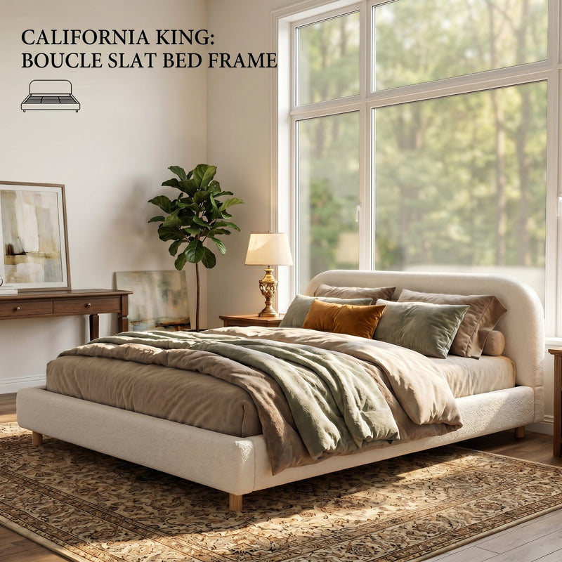 California King Size Upholstered Bed with Boucle Fabric and Curved Headboard by HouseOfZazla