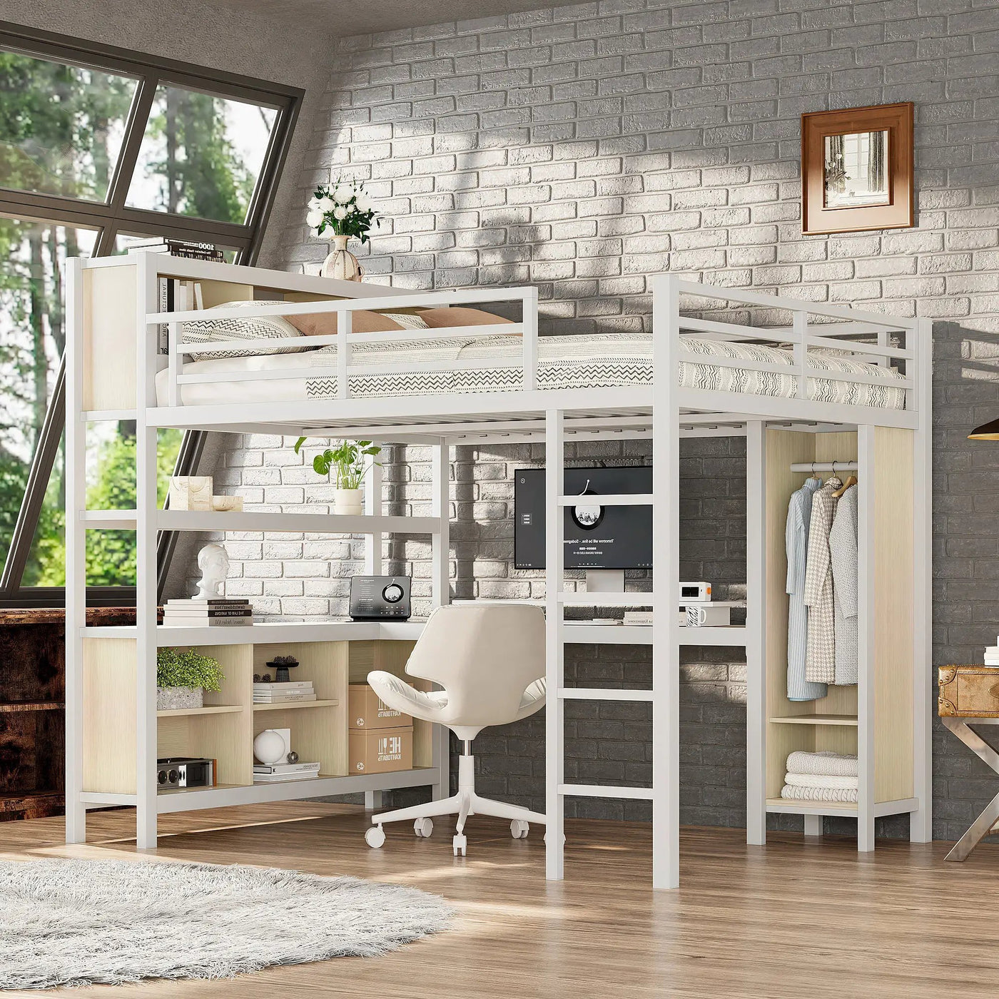 Metal Loft Bed with Wardrobe and L-Shaped Desk by HouseOfZazla