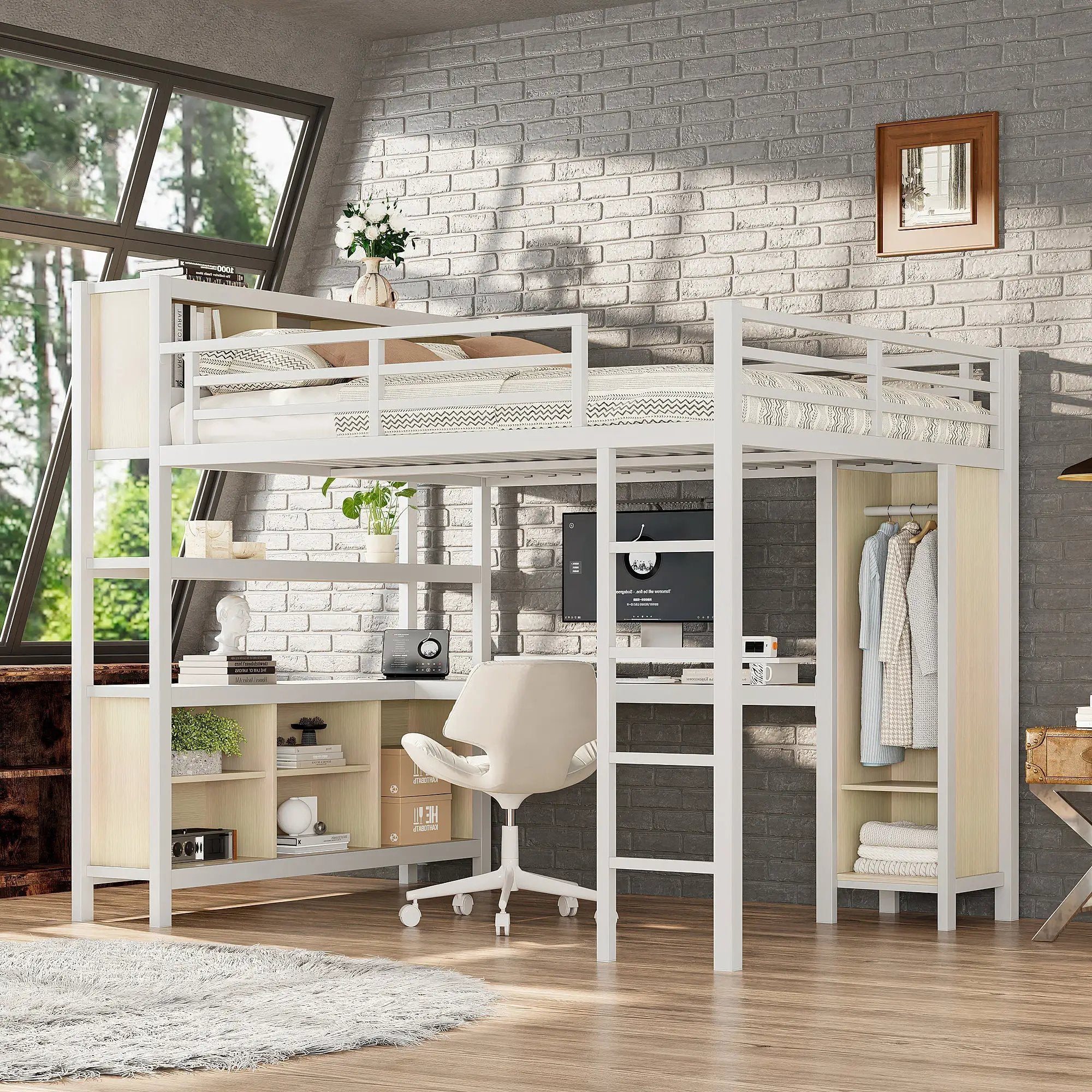 Metal Loft Bed with Wardrobe and L-Shaped Desk by HouseOfZazla