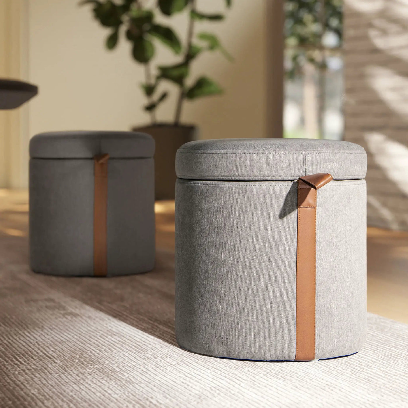 Brandy - Round Upholstered Storage Ottoman With Accent by HouseOfZazla