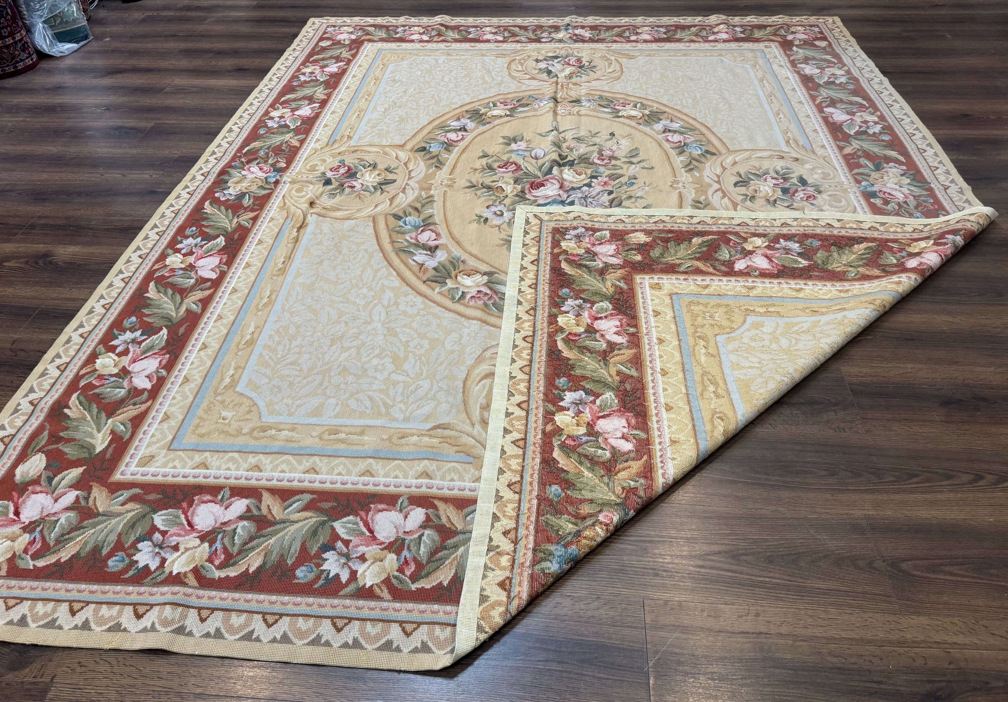 Needlepoint Rug 8x10, Aubusson Savonnerie European Carpet, Floral, Elegant by Jewel Rugs
