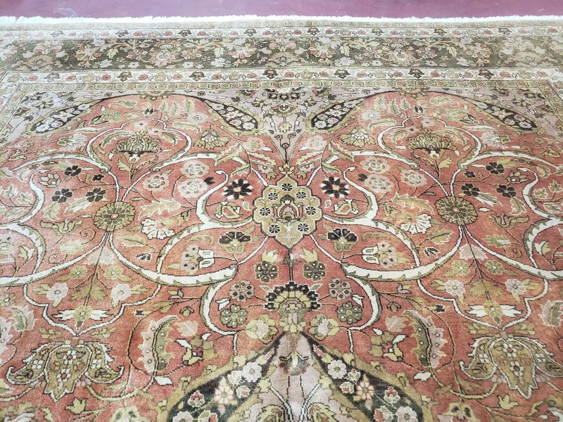 Indo Persian Rug 8x10, Vintage Indian Rug 8 x 10, Fine Hand-Knotted Wool Rug, Rose Clay Red Beige Brown Handmade Area Rug, Floral Medallion by Jewel Rugs