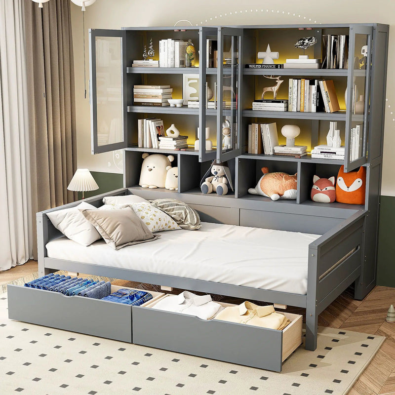 Daybed With Glass Door Storage Cabinets, Built In LED Lighting And Shelves by HouseOfZazla