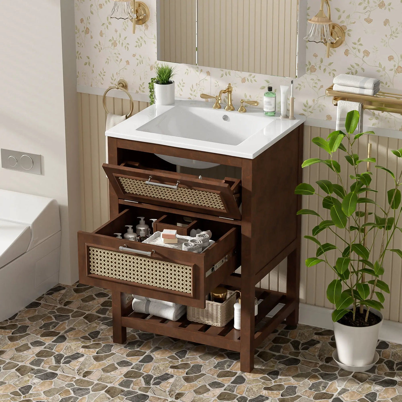 Modern Bathroom Vanity With Integrated Sink, Cabinet With 1 Deep Drawer And 1 Tip-Out Drawer by HouseOfZazla