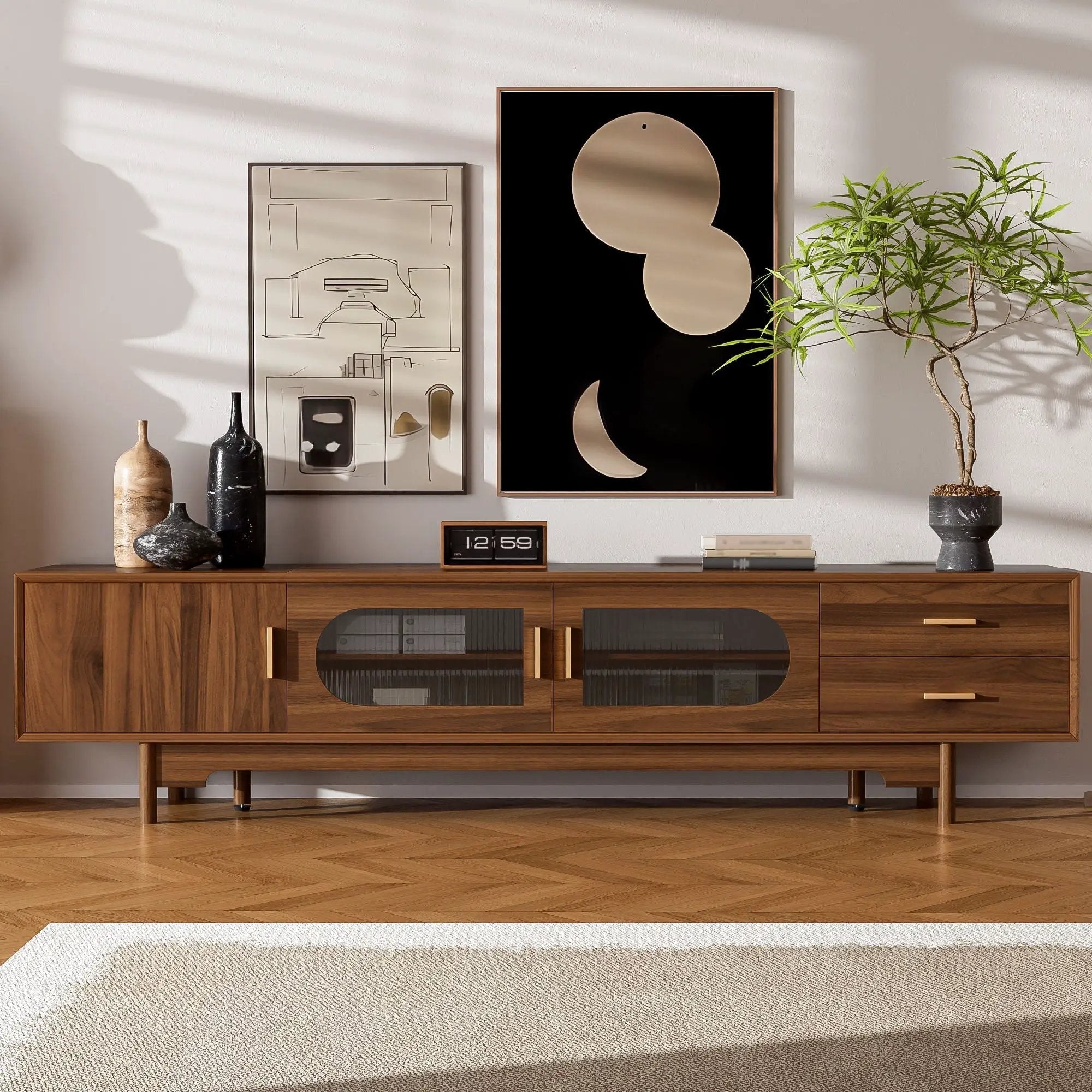 TV Stand With Fluted Doors, 2 Drawers - Walnut by HouseOfZazla