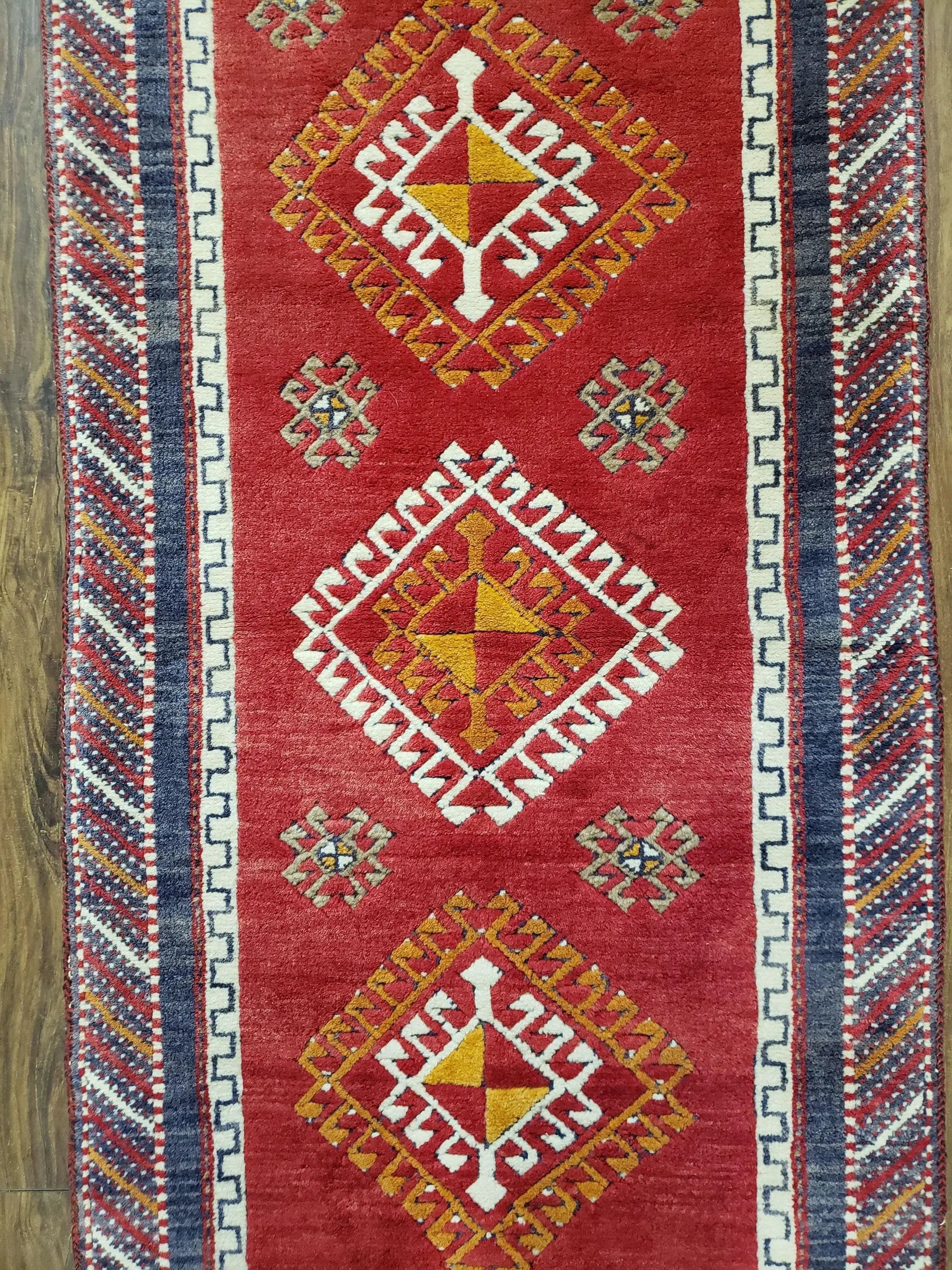 Vintage Turkish Kazak Rug 2.5 x 5 Red Wool Carpet Medallions Runner Geometric by Jewel Rugs