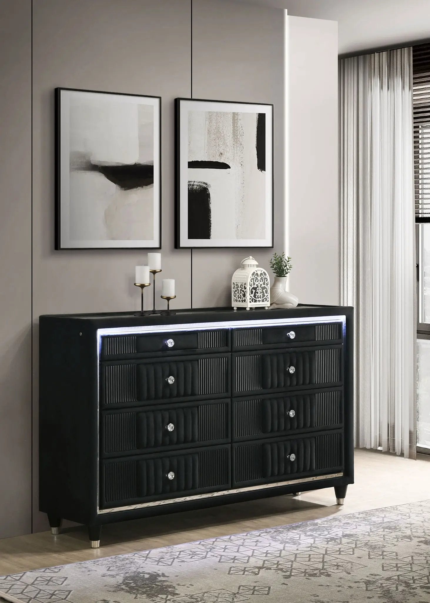 Ravenne 8-drawer Velvet Upholstered LED Dresser Cabinet Black by Unique Piece Furniture