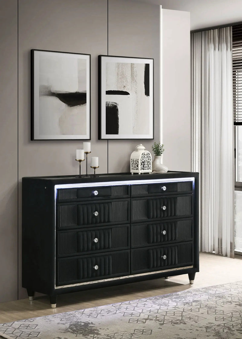 Ravenne 8-drawer Velvet Upholstered LED Dresser Cabinet Black by Unique Piece Furniture