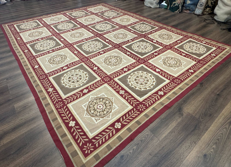 Needlepoint Rug 9x12, Panel Design, Burgundy Taupe, Elegant by Jewel Rugs