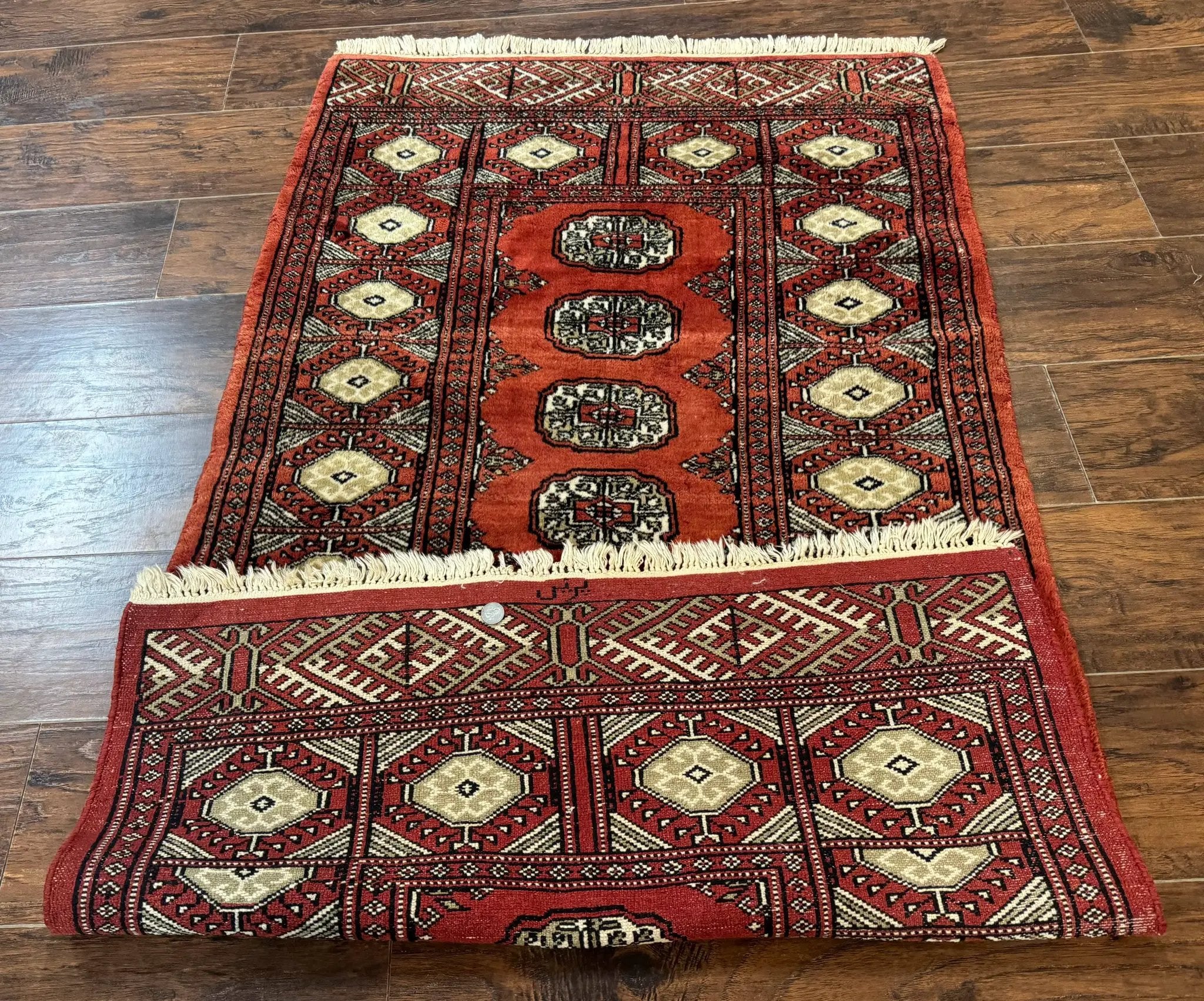 Red Pakistani Turkoman Rug 3x5, Bokhara Design, Vintage, Signed by Jewel Rugs