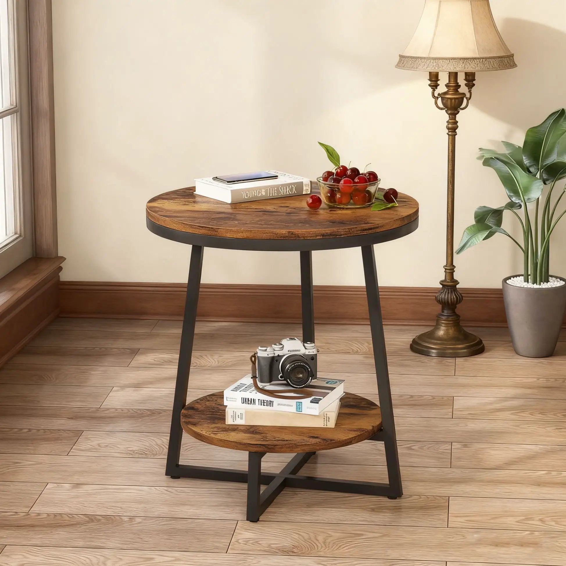 Round End Table With Hairpin Legs, 2 Tier For Living Room - Rustic Brown by HouseOfZazla