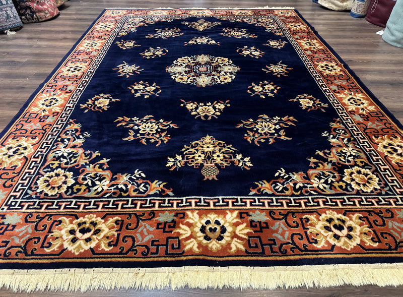 Chinese Wool Rug 8x11, Navy Blue and Terracotta, Floral, Couristan Belgium Power Loomed Carpet by Jewel Rugs