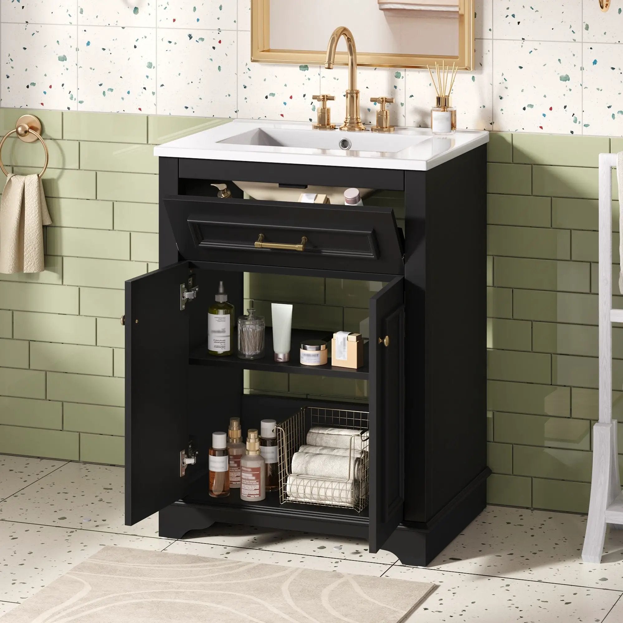 Bathroom Vanity With Integrated Sink, 2 Door Cabinet With Tip Out Drawer, Rectangular Design by Unique Piece Furniture