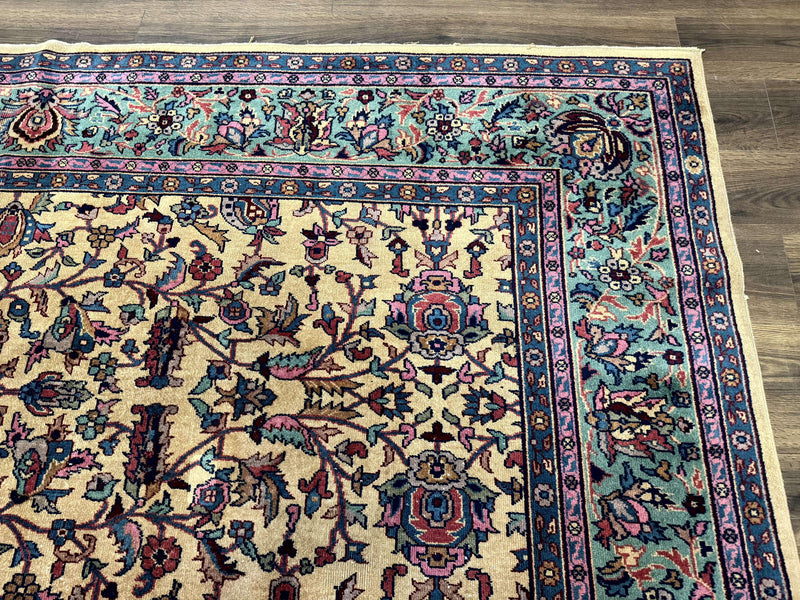 Antique Persian Rug 10x15, Camel and Cyan, Allover Pattern, Rare, Samarkand Rug by Jewel Rugs