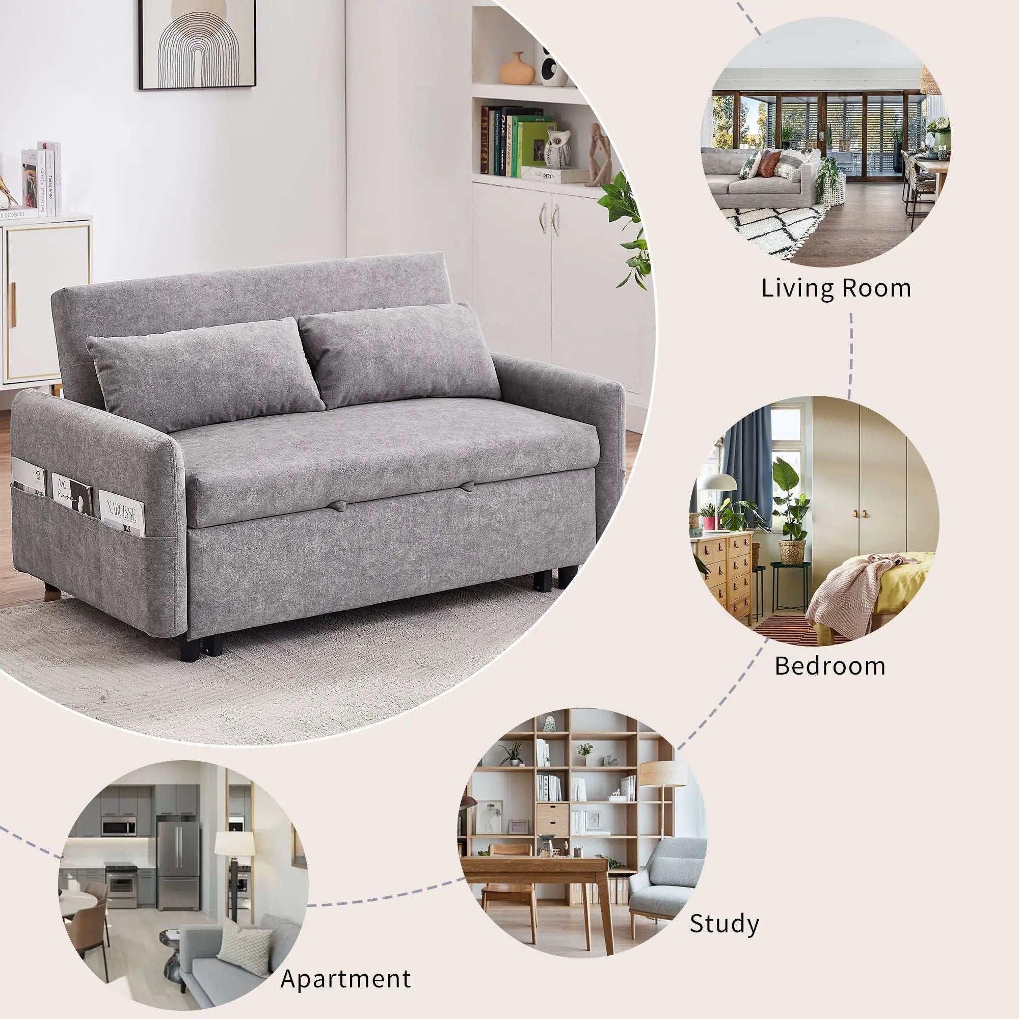 Pull Out Sleep Sofa Bed Loveseats Sofa Couch With Adjsutable Backrest, Storage Pockets, 2 Soft Pillows, USB Ports For Living Room, Bedroom, Apartment, Office by HouseOfZazla