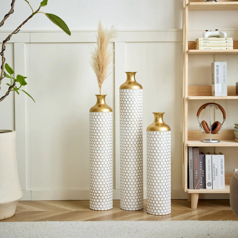 3 Piece Set Gorgeous Home Decoration Large Glazed Floor Vase Decoration Home Droplet Shaped - Gold / White by Unique Piece Furniture