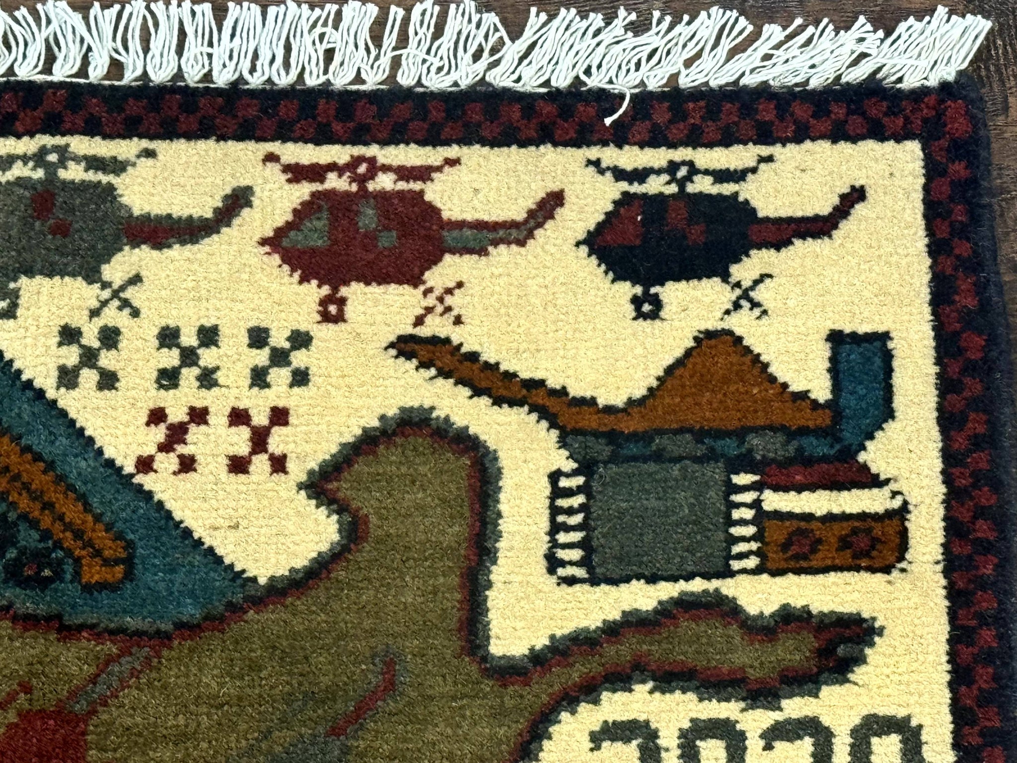 Afghan War Rug, Helicopters Tanks Guns, Handmade, Wool, 2x3 by Jewel Rugs