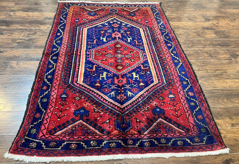 Persian Tribal Rug 5x7, Wool Handmade Vintage Hamadan Nahavand Carpet, Red & Navy Blue, Animal Motifs, Geometric Oriental Rug 5 x 7 by Jewel Rugs
