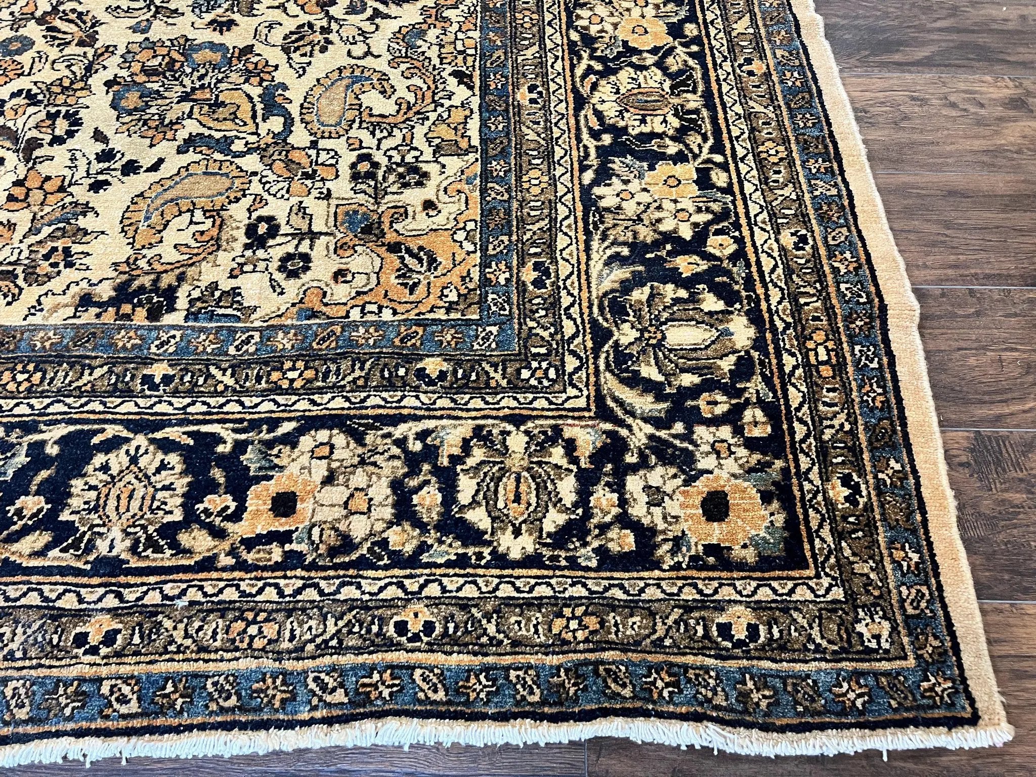 Antique Persian Rug 9x11, Wool Handmade 1920s Oriental Carpet, Persian Hamadan Anjelas Rug, Cream Black, Floral Allover Oriental Rug 9 x 11 Room Sized Rug by Jewel Rugs