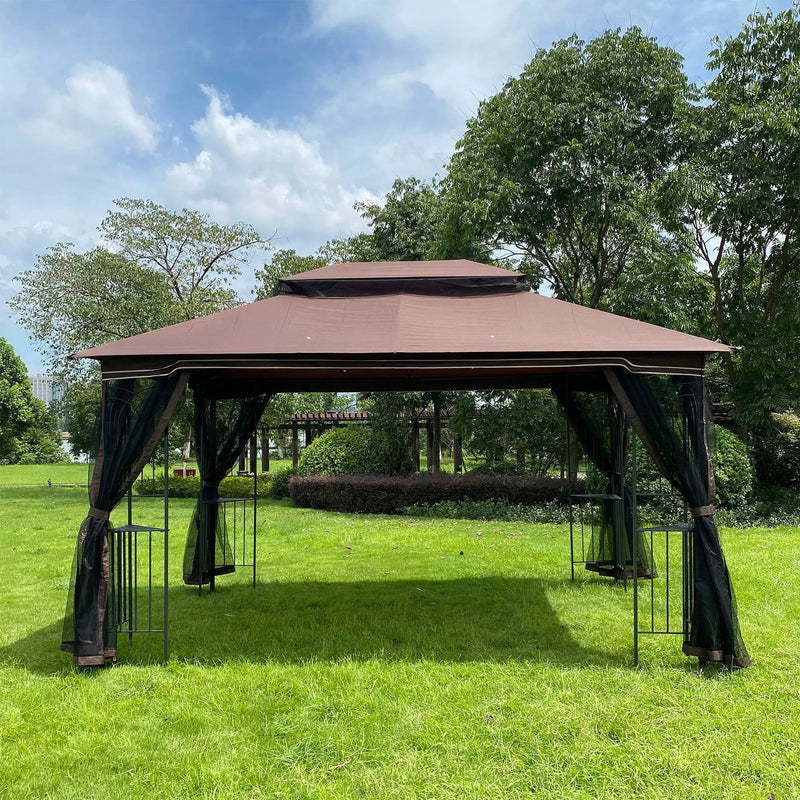 13 0 Outdoor Patio Gazebo Canopy Tent With Ventilated Double Roof And Mosquito Net (Detachable Mesh Screen On All Sides) Suitable For Lawn Garden Backyard And Deck Top - Brown by Unique Piece Furniture