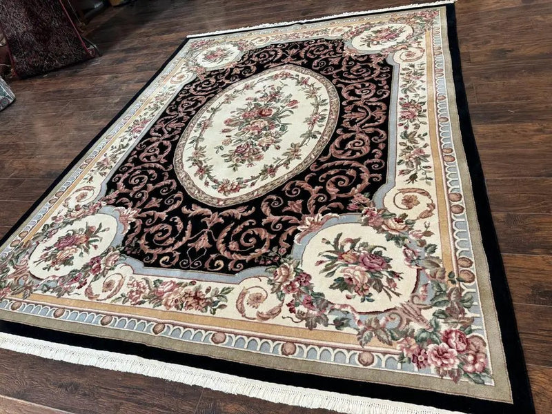 Aubusson Rug 8x10, Floral, Wool Pile, Elegant, European Design, Handmade, Fine by Jewel Rugs