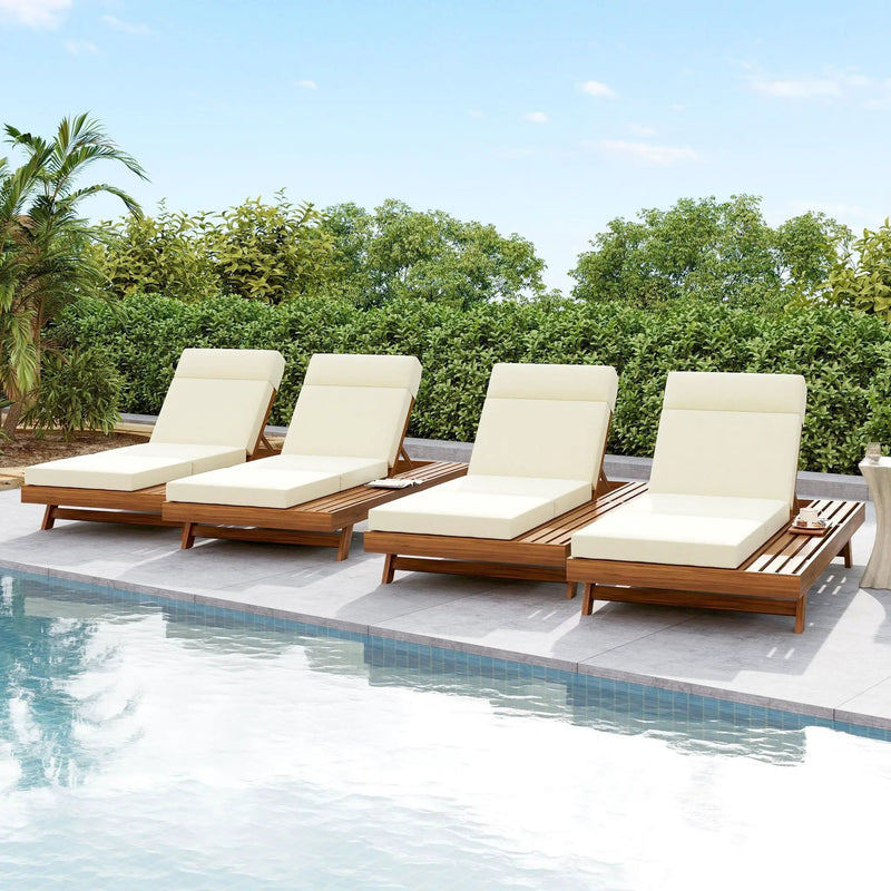 Acacia Wood Lounge Chaise Set With Headrest And Water Resistant Cushions - Beige by HouseOfZazla