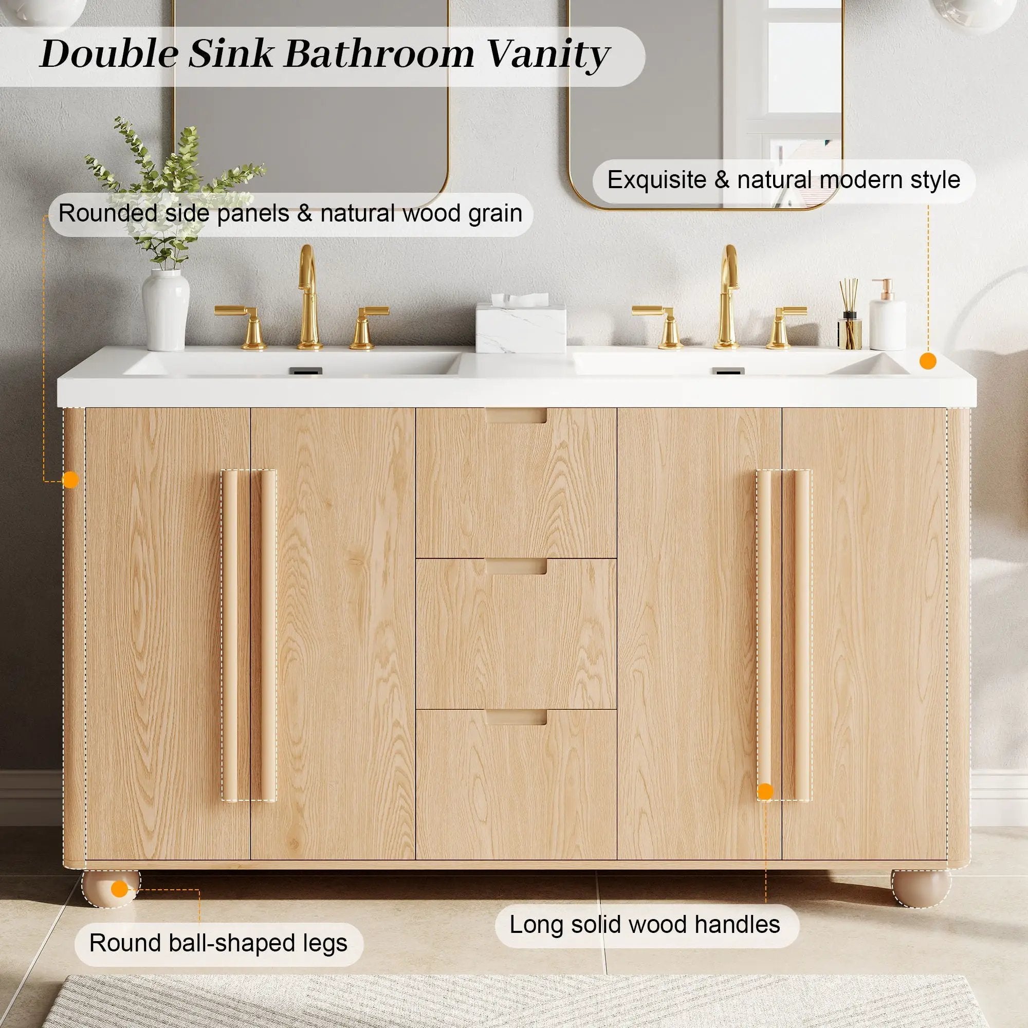 Double Sink Bathroom Vanity With Sinks, Soft Close Doors & 3 Drawers - Wood by HouseOfZazla